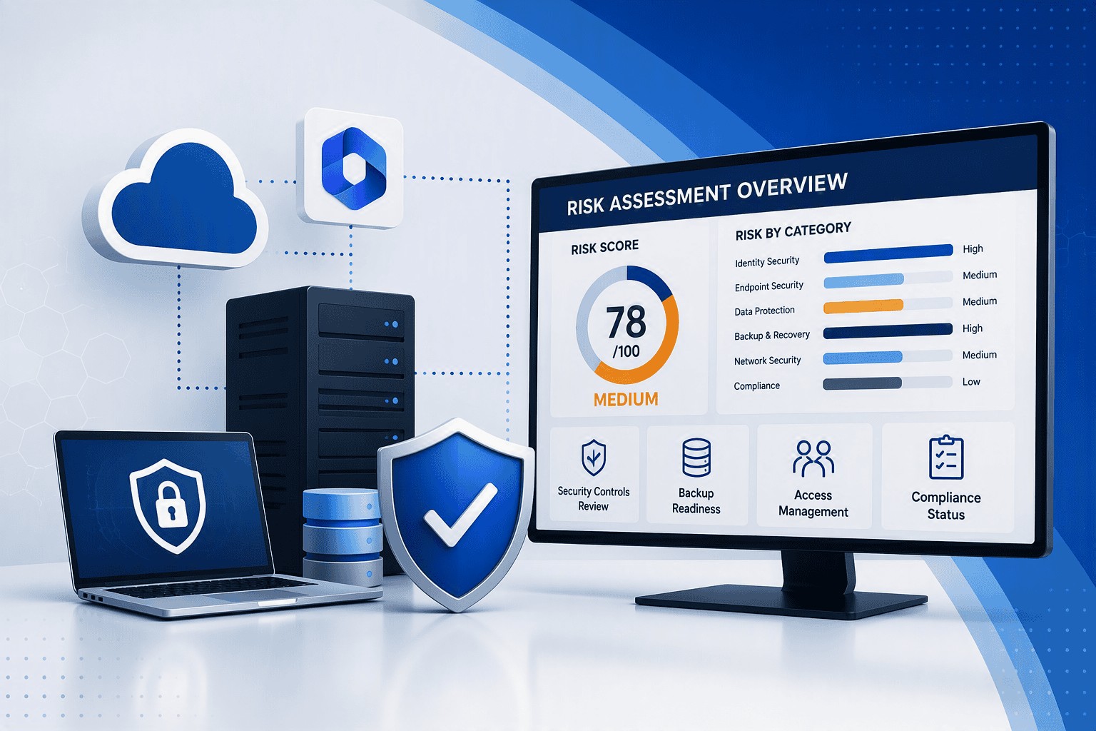 Central New York technology and cybersecurity risk assessment dashboard highlighting risk assessment, security controls, compliance, and business resilience.