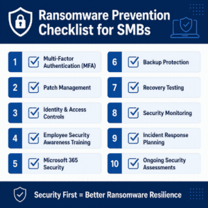 Ransomware prevention checklist for SMBs showing ten security steps: MFA, patch management, identity and access controls, employee training, Microsoft 365 security, backup protection, recovery testing, security monitoring, incident response, and ongoing assessments.