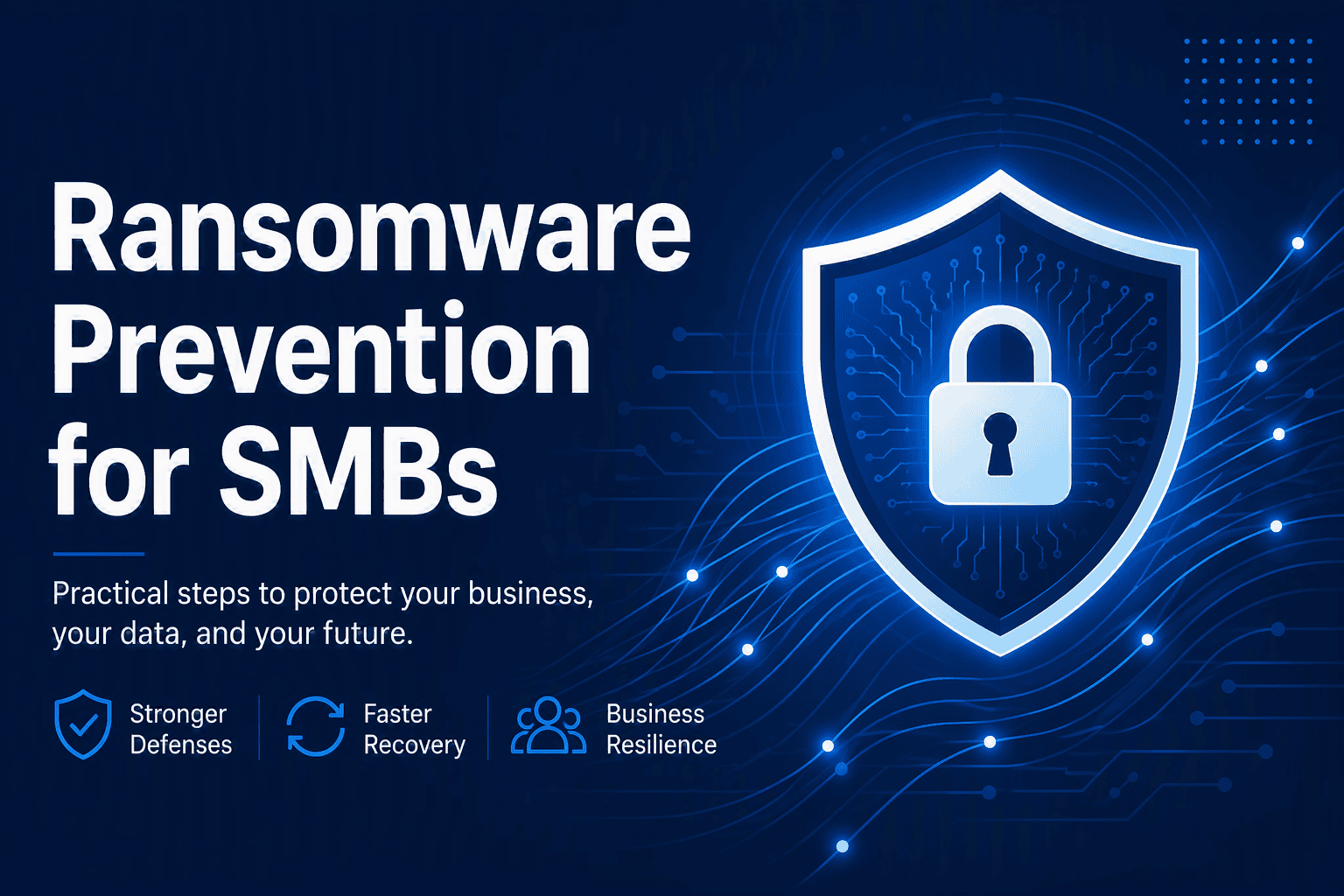 Ransomware prevention for SMBs — digital shield and padlock representing cybersecurity protection for small and mid-sized businesses.